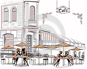 Series of street cafes in the city with people drinking coffee