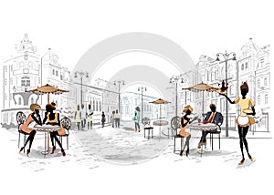 Series of street cafes in the city with people drinking coffee