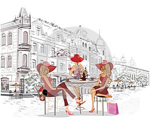 Series of the street cafes with fashion girls in the old city.