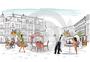 Series of the street cafes with fashion people, men and women, in the old city, vector illustration.