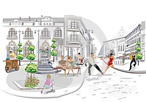 Series of the street cafes with fashion people, men and women, in the old city, vector illustration.