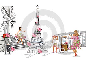 Series of the street cafes with fashion people, men and women, in the old city, vector illustration.