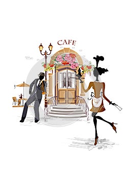 Series of the street cafes with fashion people, men and women, in the old city, vector illustration.