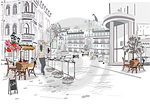 Series of the street cafes with fashion people, men and women, in the old city, vector illustration. Waiters serve the tables.