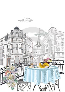 Series of street views with cafes in Paris. Architectural background with historic buildings.