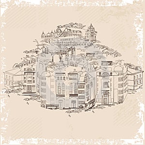 Series of street views in the old city. Hand drawn vector architectural travel background with historic buildings.