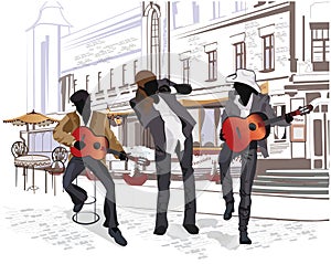 Series of street views in the old city with musicians