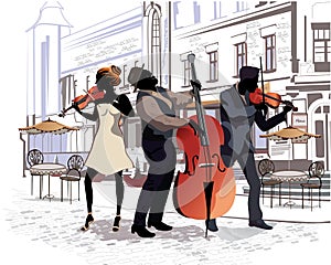 Series of the streets with people in the old city. Musicians