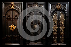 Series of three doors with ornate designs on them and golden door handle. Generative AI