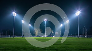 A series of towering floodlights towering over a field ready to light up the night for a big game