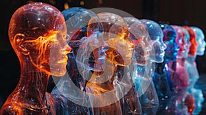 A series of transparent heads in various positions each with a unique glowing mind depict a chain reaction of telepathic photo