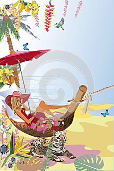 Series of tropical backgrounds with a fashion girl in a hammock.