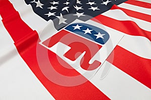 Series of USA ruffled flags with republican party symbol over it