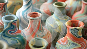 A series of vases with multicolored abstract designs created through the process of marbling traditionally used in