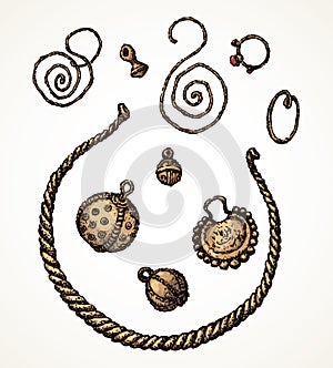 Series of vector illustrations of archaeological finds. Ancient Jewelry