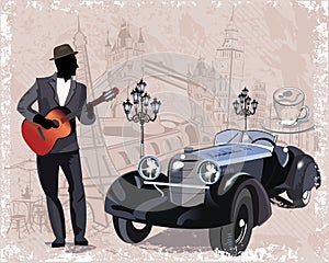 Series of vintage backgrounds decorated with retro cars, musicians, old town views and street cafes. photo