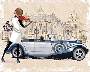 Series of vintage backgrounds decorated with retro cars, musicians, old town views and street cafes. photo