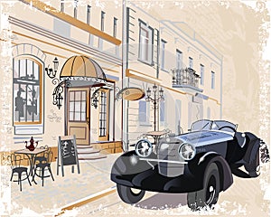 Series of vintage backgrounds decorated with retro cars and old city street views.