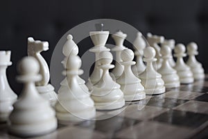 Series of white chess figures focused and unfocused on wooden chessboard as strategy game concept.