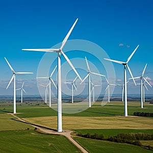 A series of wind turbines with white towers and three-bladed rotors are spread across photo