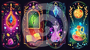 A series of witchcraft posters with magic amulets, mirrors, spell books, cauldrons, and potions. Modern vertical banners