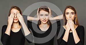 Series of young woman portraits at gray background