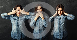 Series of young woman portraits at gray background