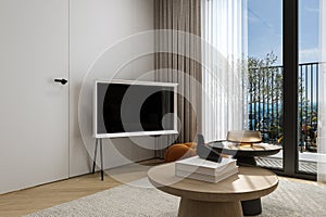 Serif TV Standing near the Verandah Doors with Curtains and also glance outdoor view of the city, 3D rendering