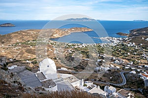 Serifos island, Greece, Cyclades, aerial drone view of Livadi village and port