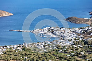 Serifos island, Greece, Cyclades, aerial view of Livadi port and town, sunny day, summer holiday