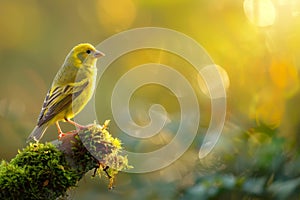 Serin finch perched on mossy branch in golden light photo