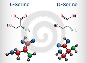 Serine, Ser amino acid molecule. It is used in the biosynthesis of protein. Structural chemical formula and molecule model. Sheet