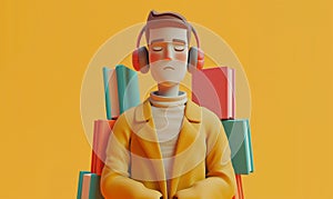 Serious 3d man in headphones surrounded by books. Yellow background