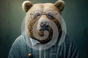 Serious adult bear wearing glasses, shirt and sweater, Generative AI