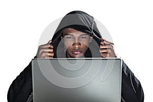 African American man in hoodie, laptop