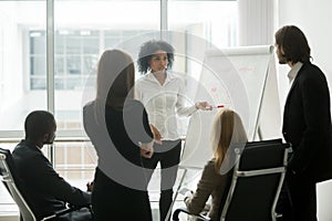 Serious african female leader gives presentation at sales team m