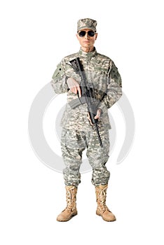 Serious army soldier with gun