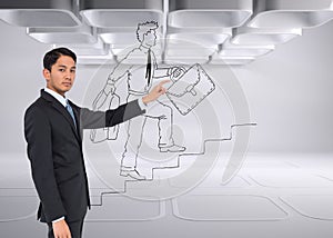 Serious asian businessman pointing
