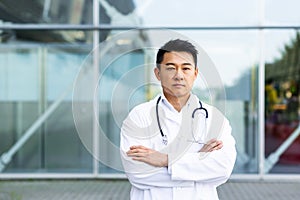 Serious asian doctor with folded arms on background of modern clinic outdoors