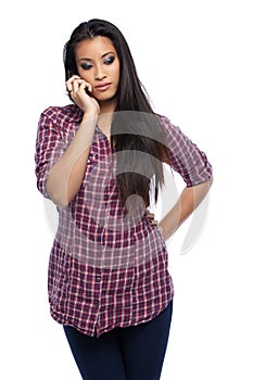 Serious asian woman making a call