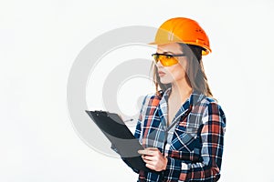 Serious attractive architect woman with hard hat - isolated on white background