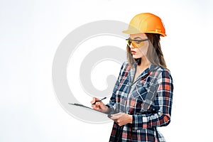 Serious attractive architect woman with hard hat. Isolated on white background