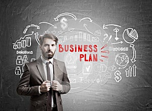 Serious bearded man and business plan
