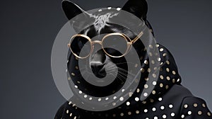 Serious big black cat wearing gold glasses and a polka dot hoodie on a black background