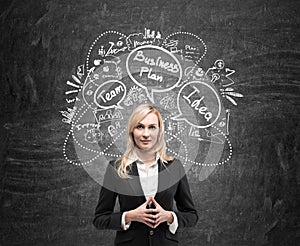 Serious blond woman and business plan sketch on chalkboard