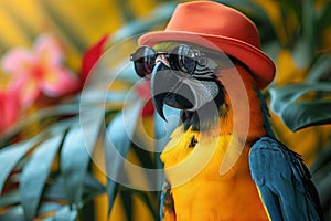 Serious blue and gold macaw with sunglasses and pink hat on palm background.