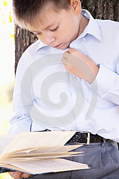 Serious boy reading book