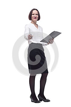 serious business woman with clipboard pointing at you .