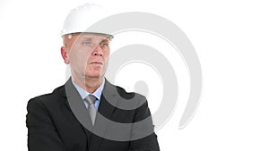 Serious Businessman Image Wearing Suit and Helmet Stay Sober in TV Presentation