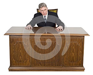 Serious Businessman Sitting Business Desk Isolated
